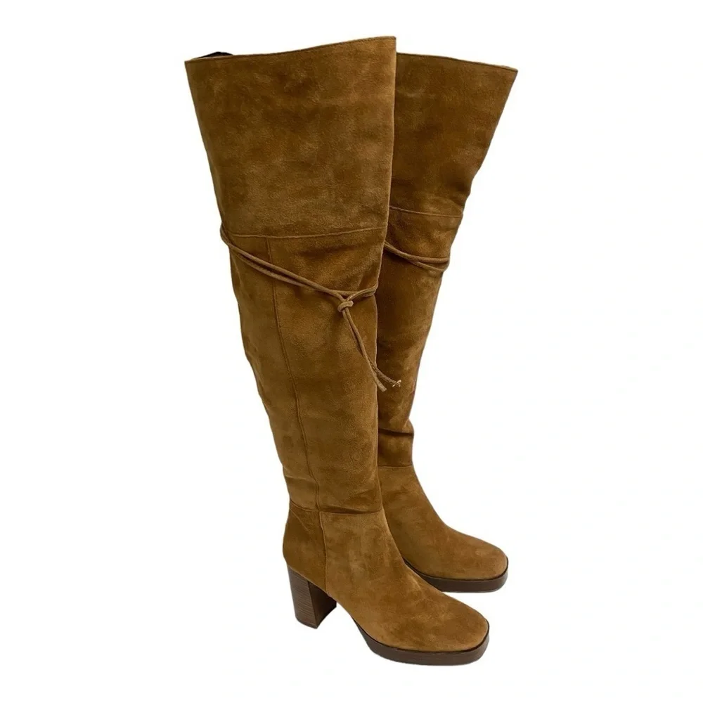 NWT FREE PEOPLE Suede Echo Platform Over The Knee Boots in Cognac